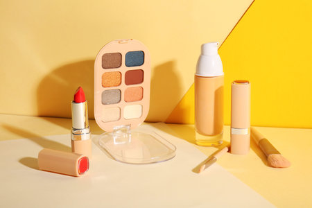 Decorative cosmetics with brushes on beige tableの写真素材