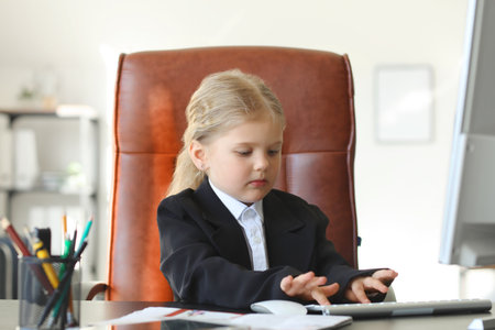 Funny little businesswoman working with computer at table in officeの写真素材