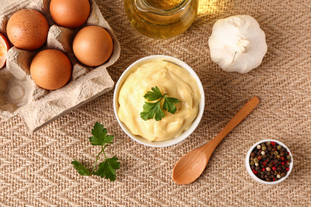 Bowl with tasty mayonnaise sauce and ingredients on tableの写真素材