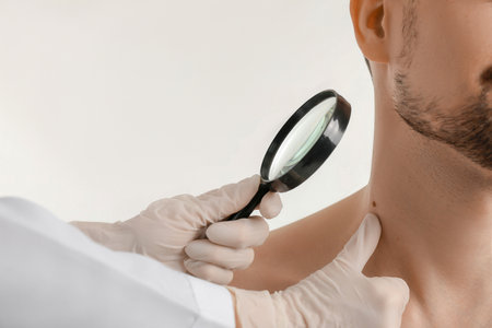 Dermatologist examining mole of young man with magnifier on white background, closeupの写真素材