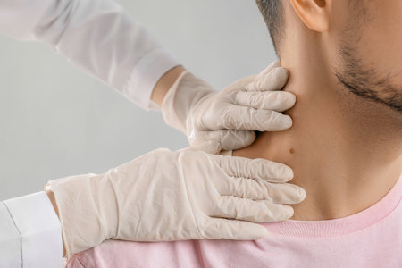 Dermatologist examining mole of young man on gray background, closeupの写真素材