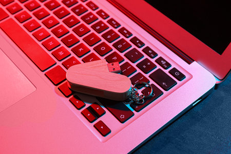 Wooden USB flash drive on modern laptop, closeupの写真素材