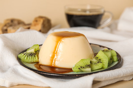 Plate with delicious pudding and kiwi slices covered by caramel syrup on beige backgroundの写真素材