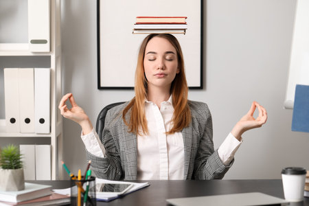 Young businesswoman meditating with books in office. balance conceptの写真素材