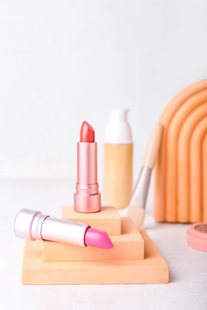 Decorative plaster podiums and cosmetics on light backgroundの写真素材