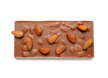 Sweet tasty chocolate with almonds on white backgroundの写真素材