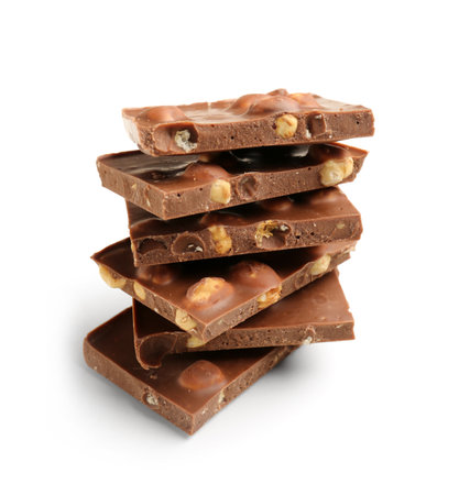 Sweet tasty chocolate with nuts on white backgroundの写真素材