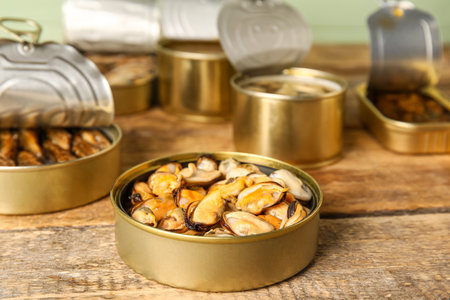 Opened tin can with mussels on wooden tableの写真素材