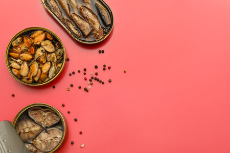 Opened tin cans with different fish and mussels on red backgroundの写真素材