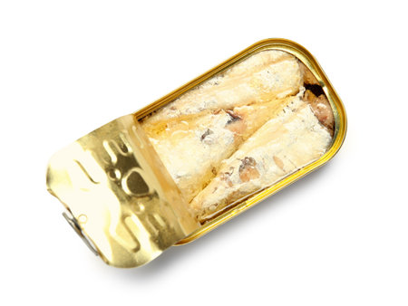 Opened tin can with fish isolated on white backgroundの写真素材
