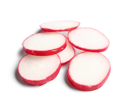 Slices of fresh radish isolated on white backgroundの写真素材