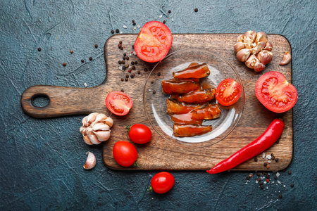 Composition with canned fish in tomato sauce and vegetables on dark tableの写真素材