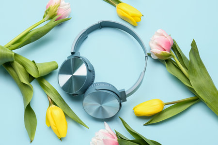 Modern wireless headphones and beautiful tulip flowers on color backgroundの写真素材