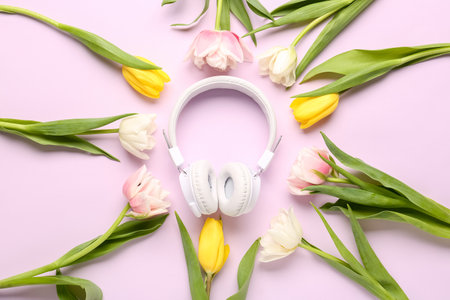 Composition with modern headphones and beautiful tulip flowers on color backgroundの写真素材