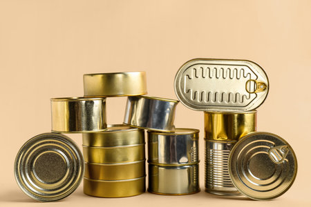 Different tin cans with fish on beige backgroundの写真素材