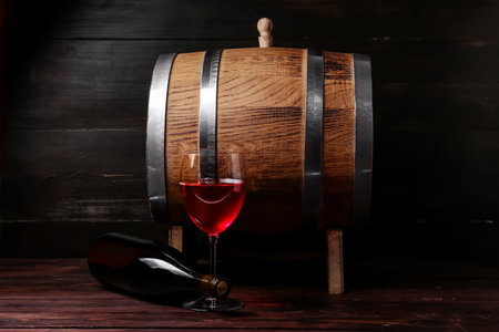 Oak barrel with bottle and glass of wine on dark wooden background backgroundの写真素材