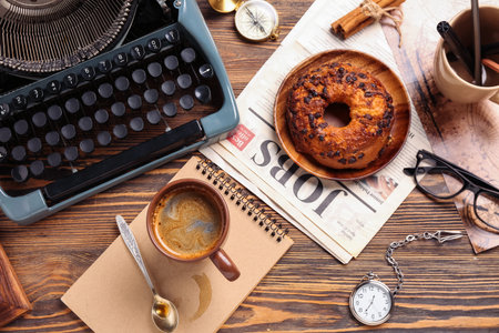 Cup of coffee with notebook, typewriter, newspaper, bun and map on wooden background