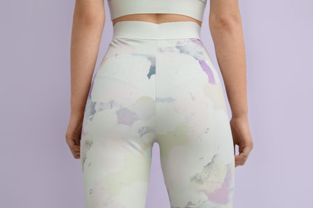 Sporty young woman in leggings on lilac background, back view