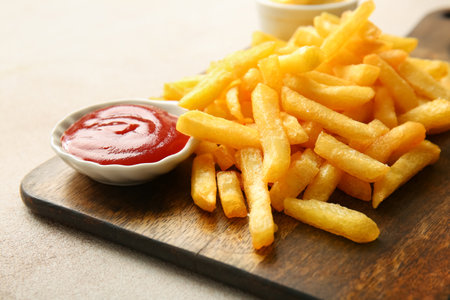 Wooden board with tasty french fries and ketchup on light background, closeupの写真素材