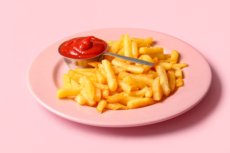 Plate of tasty french fries and ketchup on pink backgroundの写真素材