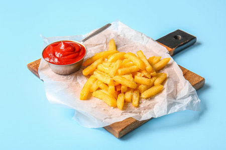 Wooden board with tasty french fries and ketchup on color background
