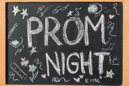 Chalkboard with text PROM NIGHT and drawings, top viewの写真素材