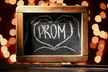 Chalkboard with word PROM and drawn hands against blurred lightsの写真素材