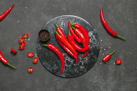 Slate board with fresh chili peppers on dark background
