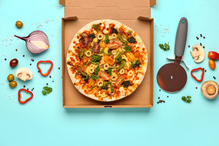 Cardboard box of vegetable pizza with ingredients and cutter on blue backgroundの写真素材