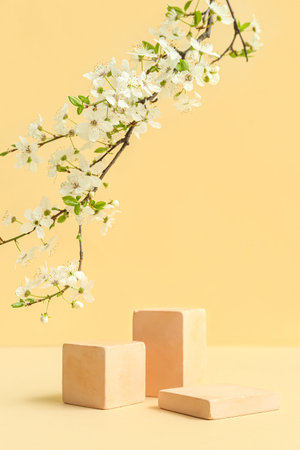 Decorative podiums and blooming branches on beige backgroundの写真素材