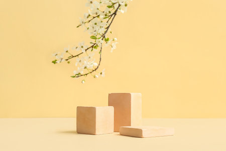 Decorative podiums and blooming branches on beige backgroundの写真素材