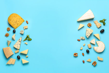 Frame made of tasty cheese and nuts on blue backgroundの写真素材