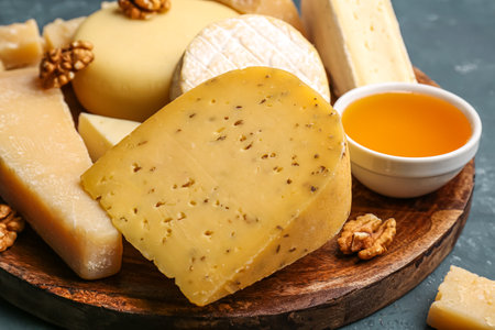 Plate with tasty cheese on table, closeupの写真素材