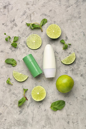 Different deodorants, mint and lime on grunge backgroundの写真素材