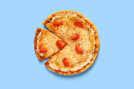 Tasty pizza with parmesan cheese and tomatoes on blue background