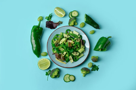 Plate with fresh salad and ingredients on turquoise background