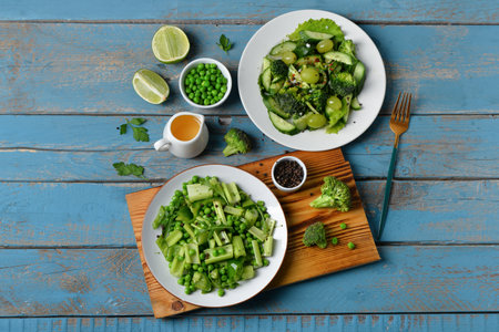Board with plates of salad and ingredients on blue wooden backgroundの写真素材