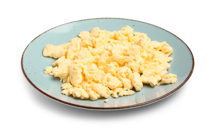 Plate of delicious scrambled eggs isolated on white backgroundの写真素材