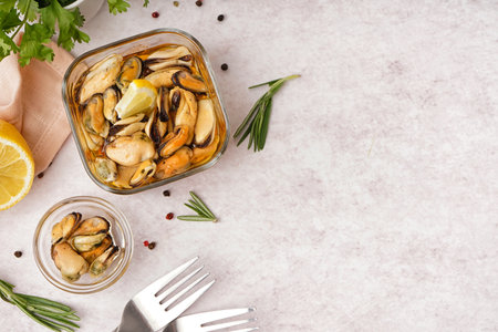 Bowls with pickled mussels on white backgroundの写真素材