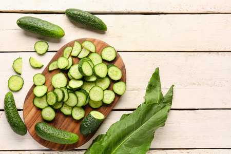 Board with fresh cut cucumbers on light wooden backgroundの写真素材
