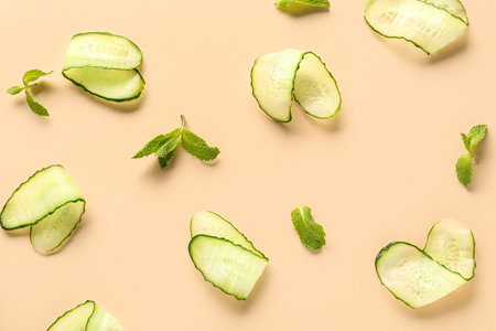 Slices of cucumber with mint on beige backgroundの写真素材