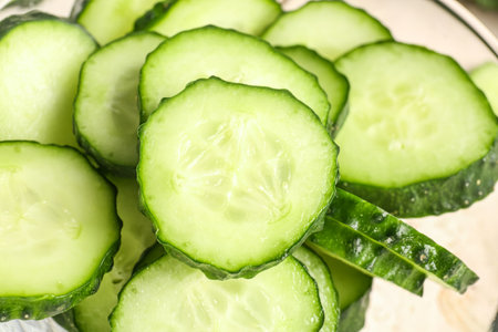 Pieces of fresh cucumber, closeupの写真素材