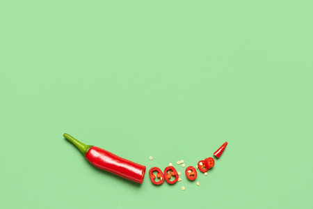 Cut hot chili pepper on green background