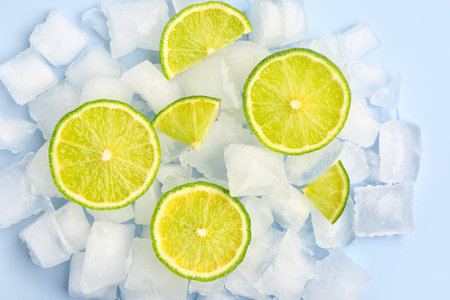 Sliced fresh lime and ice cubes on blue backgroundの写真素材