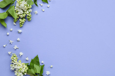 Blooming lilac flowers on blue backgroundの写真素材