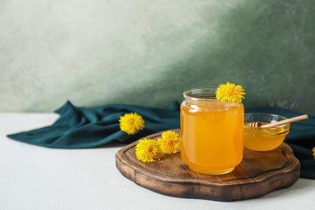 Jar and bowl with dandelion honey on white tableの写真素材