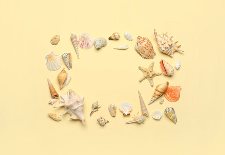 Frame made of sea shells on beige backgroundの写真素材