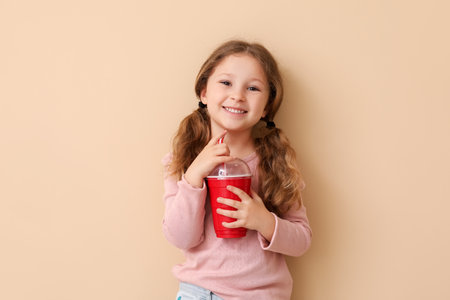 Little girl with cup of soda on beige background. Children's Day celebrationの写真素材