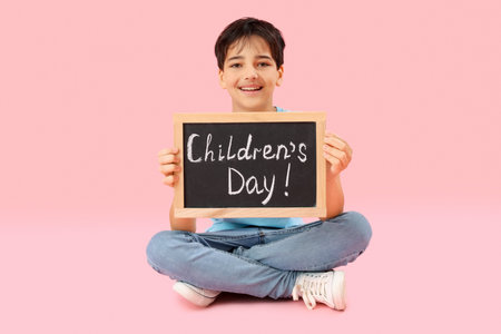 Little boy holding chalkboard with text CHILDREN'S DAY on pink backgroundの写真素材