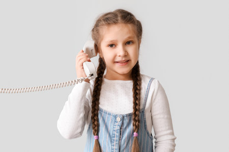 Little girl talking by telephone on light background. Children's Day celebrationの写真素材